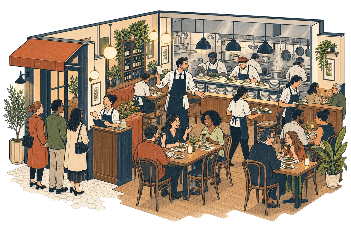 A restaurant manager coordinating a busy dining room and kitchen